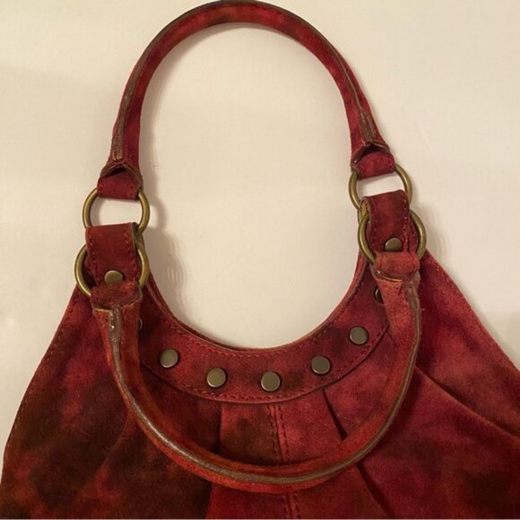 MAURIZIO TAIUTI ITALY BAG HAND RED SUEDE LEATHER BRONZE COLOR STUDS SNAP TOP - Picture 7 of 13